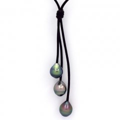 Collier en Cuir et 3 Perles de Tahiti Cercles B  9.5  9.6 mm