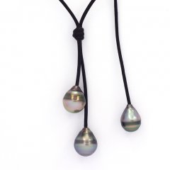 Collier en Cuir et 3 Perles de Tahiti Cercles C 9  10.4 mm