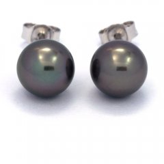 Boucles d'Oreilles en Argent et 2 Perles de Tahiti Rondes C 8.6 mm