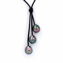 Collier en Cuir et 4 Perles de Tahiti Cercles C 9.1  10.7 mm
