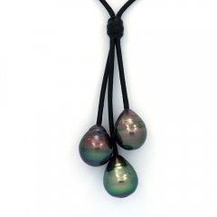 Collier en Cuir et 3 Perles de Tahiti Cercles C 10  10.7 mm