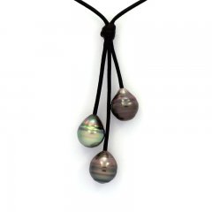 Collier en Cuir et 3 Perles de Tahiti Cercles C 10.7 mm