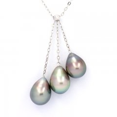 Collier en Argent et 3 Perles de Tahiti Semi-Baroques B 9.1  9.4 mm