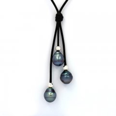 Collier en Cuir et 3 Perles de Tahiti Cercles B+ 9  9.6 mm