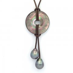 Collier en Cuir et 2 Perles de Tahiti Cercles C  10.8 et 10.9 mm