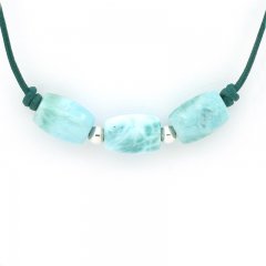 Collier en Cuir, Argent et 3 Larimar - 12 x 8.6 mm - 4.3 gr