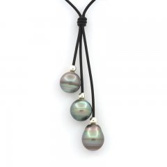 Collier en Cuir et 3 Perles de Tahiti Cercles B/C de 12  12.5 mm