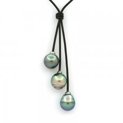 Collier en Cuir et 3 Perles de Tahiti Cercles B/C 11.3  11.8 mm