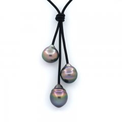 Collier en Cuir et 3 Perles de Tahiti Cercles B/C 11  11.4 mm