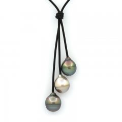 Collier en Cuir et 3 Perles de Tahiti Cercles C de 11.5  11.9 mm