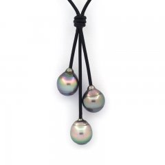 Collier en Cuir et 3 Perles de Tahiti Cercles B/C 10.2  10.6 mm