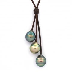 Collier en Cuir et 3 Perles de Tahiti Cercles C 11  11.6 mm