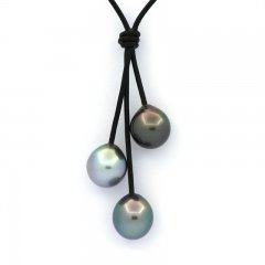 Collier en Cuir et 3 Perles de Tahiti Semi-Baroques C de 11.5  11.6 mm
