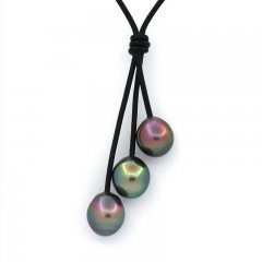 Collier en Cuir et 3 Perles de Tahiti Semi-Baroques B/C de 10.1  10.3 mm