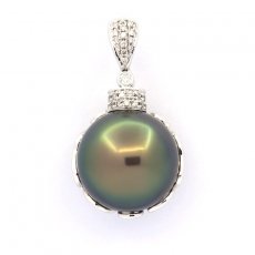 Pendentif en Or blanc 18k + 35 diamants et 1 Perle de Tahiti Ronde B 15.2 mm