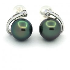 Boucles d'Oreilles en Argent et 2 Perles de Tahiti Rondes C+ 9.3 mm