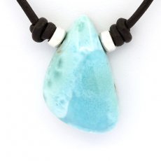 Collier en Cuir, Argent et 1 Larimar - 26 x 17 x 10 mm - 7.3 gr