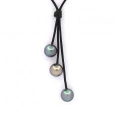 Collier en Cuir et 3 Perles de Tahiti Semi-Rondes C de 10.1  10.3 mm