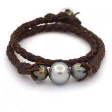 Bracelet en Cuir et 3 Perles de Tahiti Rondes C 9.5  13.4 mm