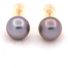 Boucles d'Oreilles en Or 18K et 2 Perles de Tahiti Rondes B 9.1 mm
