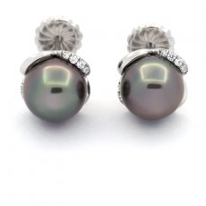 Boucles d'Oreilles en Argent et 2 Perles de Tahiti Semi-Rondes B 8.8 mm