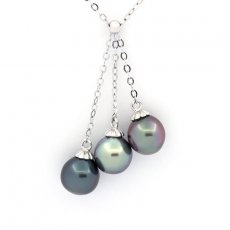 Collier en Argent et 3 Perles de Tahiti Semi-Baroques C 8.6  8.8 mm