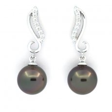 Boucles d'Oreilles en Argent et 2 Perles de Tahiti Rondes C 9 mm