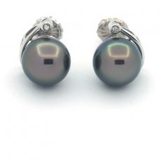 Boucles d'Oreilles en Argent et 2 Perles de Tahiti Rondes C 10.4 mm