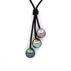 Collier en Cuir et 3 Perles de Tahiti Semi-Baroques C de 9.8  9.9 mm