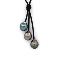 Collier en Cuir et 3 Perles de Tahiti Cercles C de 10.8  10.9 mm