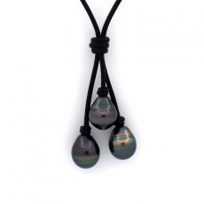 Collier en Cuir et 3 Perles de Tahiti Cercles C de 10.5  10.8 mm