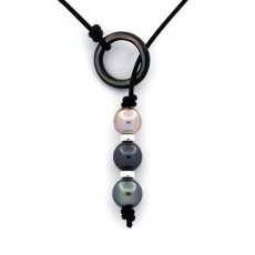 Collier en Cuir et 3 Perles de Tahiti Semi-Baroques C de 9.2  10.3 mm