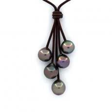 Collier en Cuir et 5 Perles de Tahiti Semi-Baroques B/C de 10  10.3 mm
