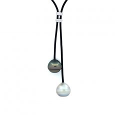 Collier en Cuir et 2 Perles de Tahiti Cercles C 13.2 et 13.9 mm