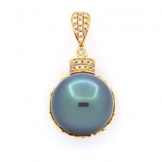 Pendentif en Or 18K + 35 diamants et 1 Perle de Tahiti Ronde A/B 14 mm