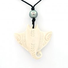 Collier en Coton, Pendentif en Os et 1 Perle de Tahiti Semi-Ronde C 9.6 mm