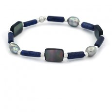 Bracelet de 3 Keishis de Tahiti, Argent, Lapis-Lazuli et Nacre