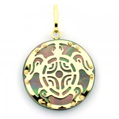 Pendentif en  Or 18K et Nacre de Tahiti - Diamtre = 21 mm - Tortue