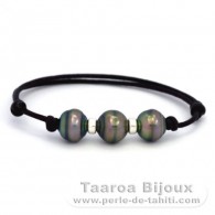 Bracelet en Coton Wax et 3 Perles de Tahiti Cercles C de 10  10.3 mm