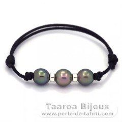 Bracelet en Coton Wax et 3 Perles de Tahiti Semi-Baroques C  9  9.2 mm