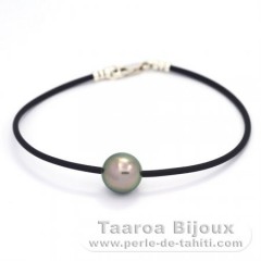 Bracelet en Caoutchouc, Argent et 1 Perle de Tahiti Ronde C 10.8 mm