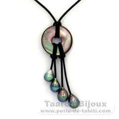 Collier en Cuir et 4 Perles de Tahiti Cercles B+ 8.2  8.9 mm