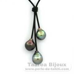 Collier en Cuir et 3 Perles de Tahiti Cercles B 10.1  10.7 mm
