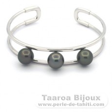 Bracelet en Argent et 3 Perles de Tahiti Rondes C 9.1  9.2 mm