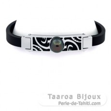 Bracelet en Acier Inoxydable, Noprne et 1 Perle de Tahiti Ronde C 10.1 mm