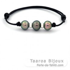 Bracelet en Cuir et 3 Perles de Tahiti Semi-Baroques C de 10.6  11.2 mm