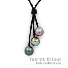Collier en Cuir et 3 Perles de Tahiti Semi-Baroques C de 9.8  9.9 mm
