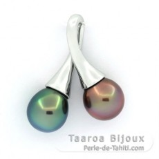 Pendentif en Argent et 2 Perles de Tahiti Semi-Baroques 1 A+ et 1 B+ 9 mm