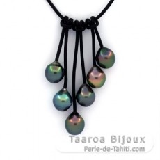 Collier en Cuir et 6 Perles de Tahiti Semi-Baroques B de 8.7  8.9 mm