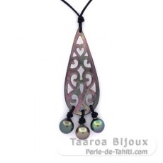 Collier en Cuir et 3 Perles de Tahiti Semi-Baroques B de 8.2  8.4 mm